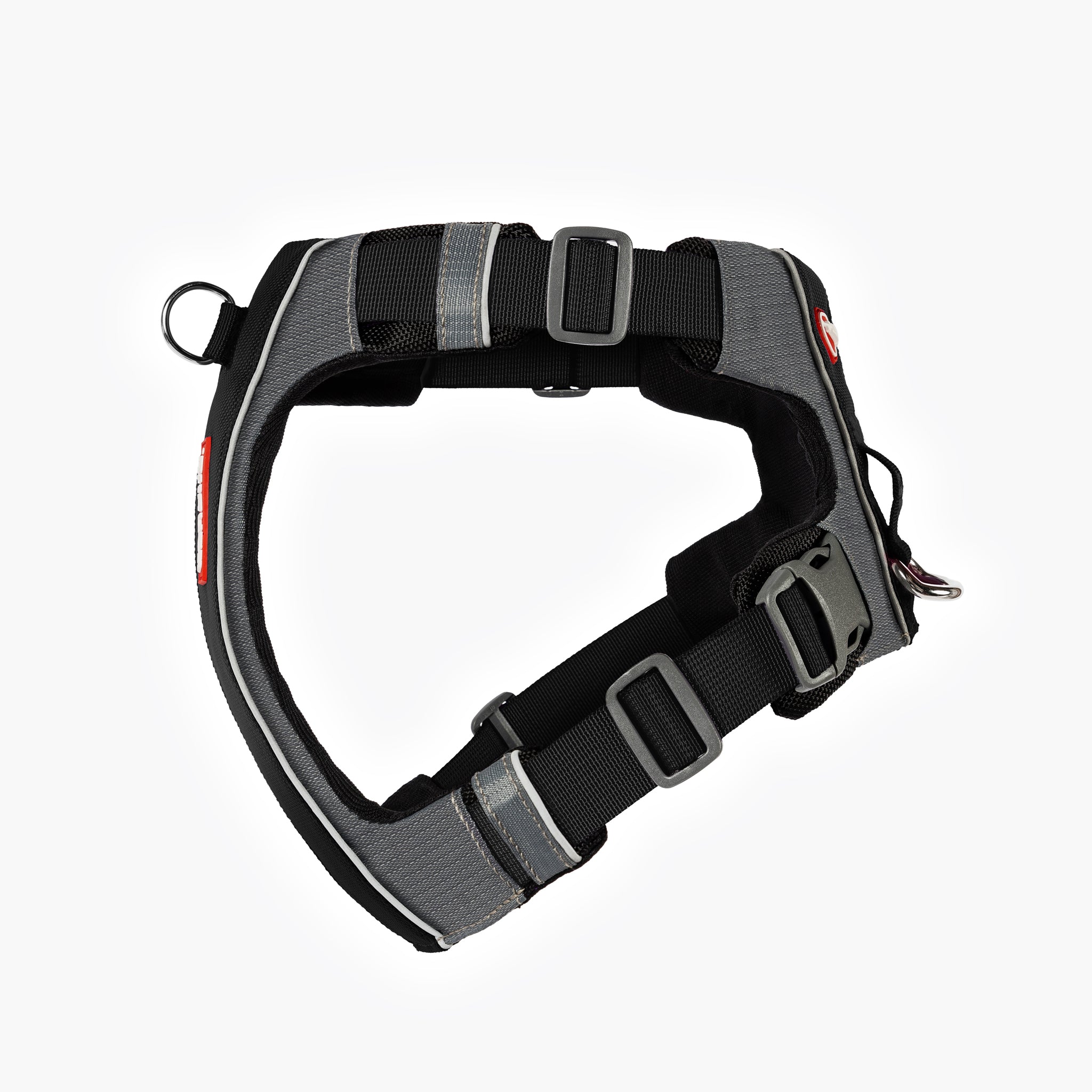 LHS view of black EzyDog X-Link Harness with padded chest plate and no-pull front clip