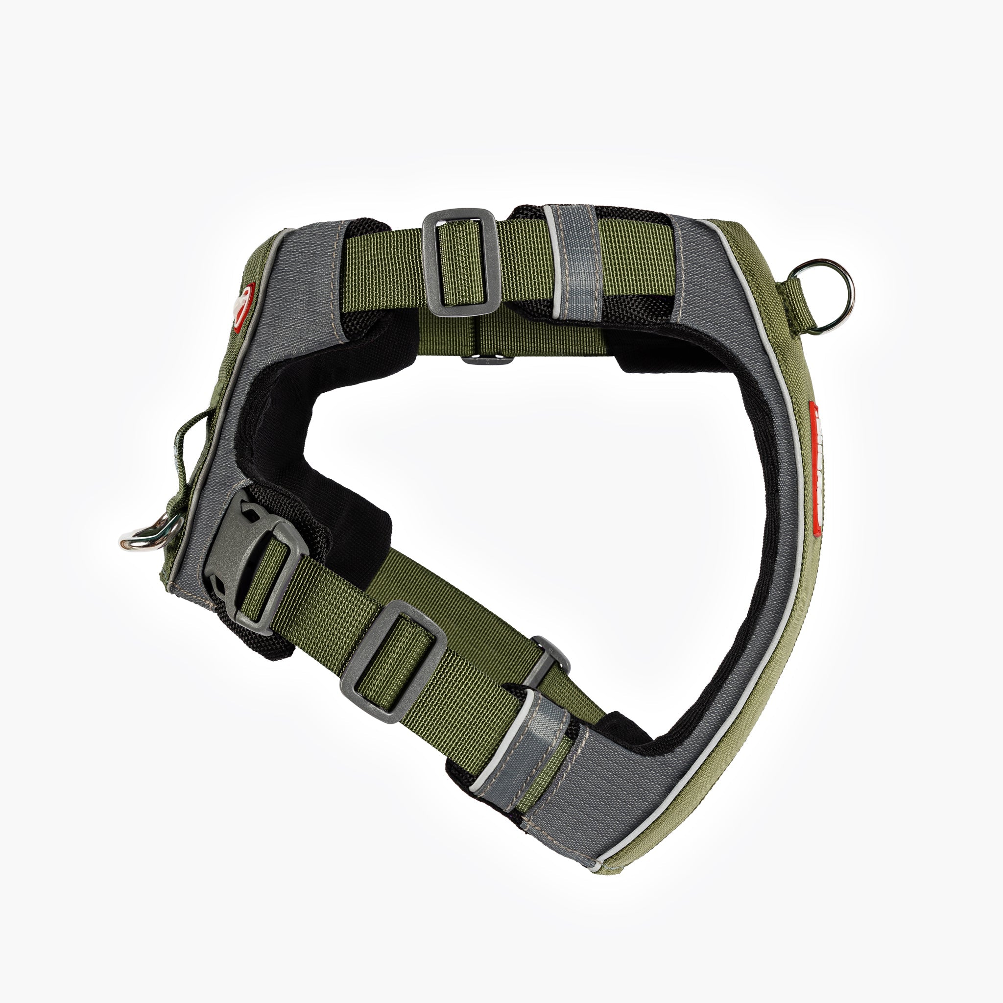 RHS view of khaki EzyDog X-Link Harness with padded chest plate and no-pull front clip
