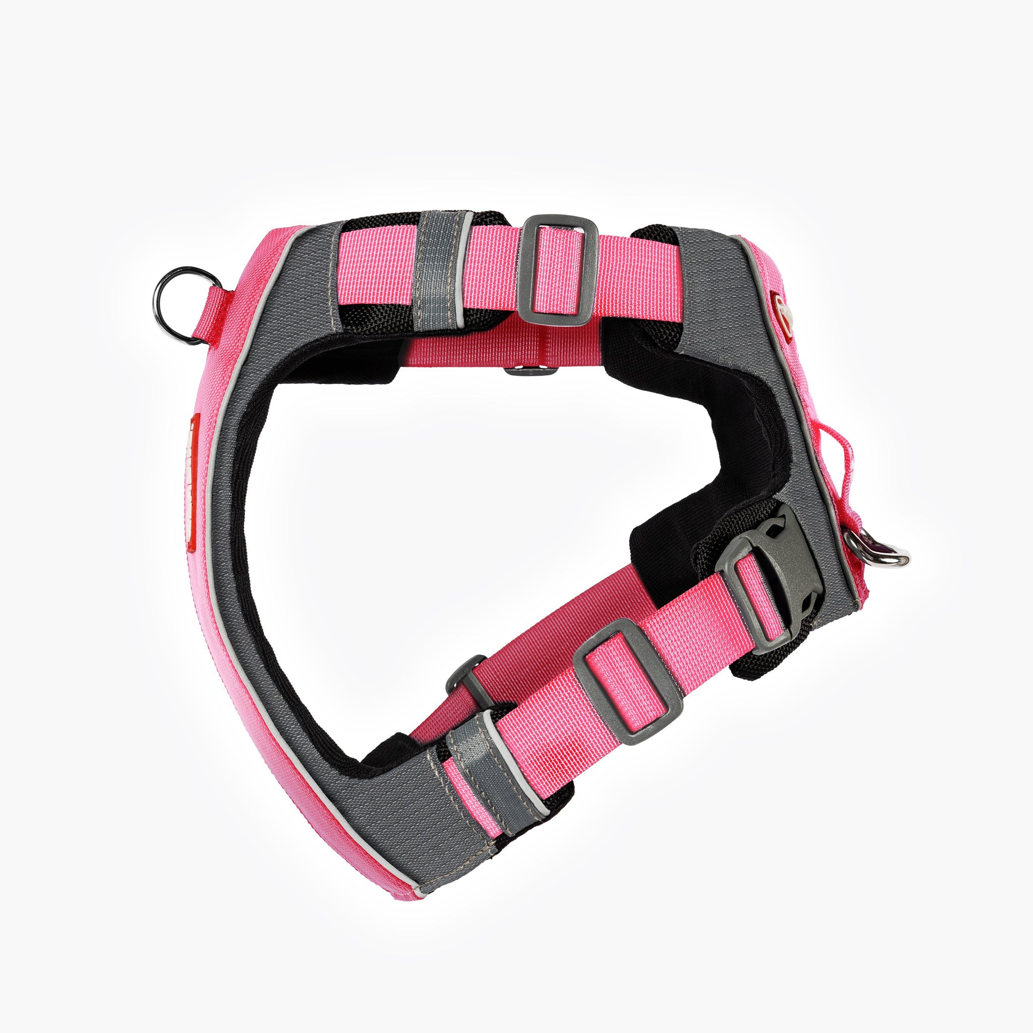 LHS view of pink EzyDog X-Link Harness with padded chest plate and no-pull front clip