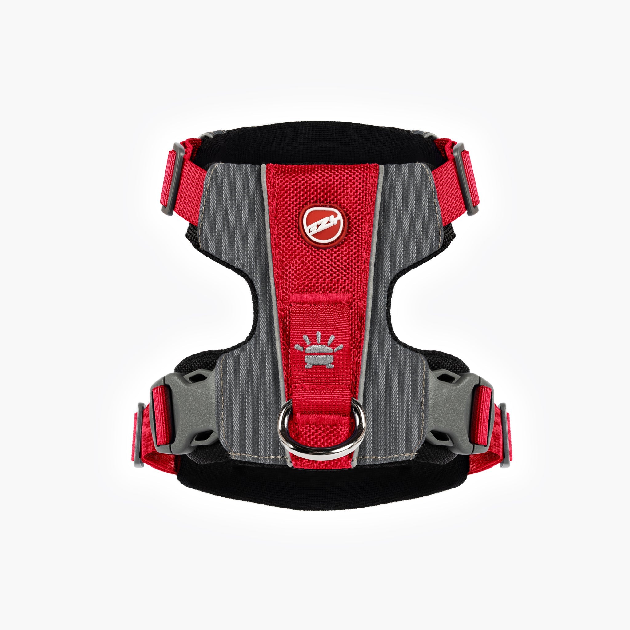 Back view of red EzyDog X-Link Harness with padded chest plate and no-pull front clip.