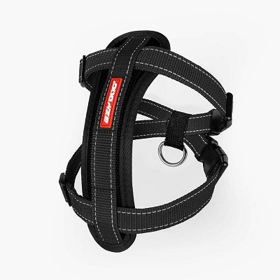 Black EzyDog chest plate harness with adjustable straps and a metal ring for leash attachment.