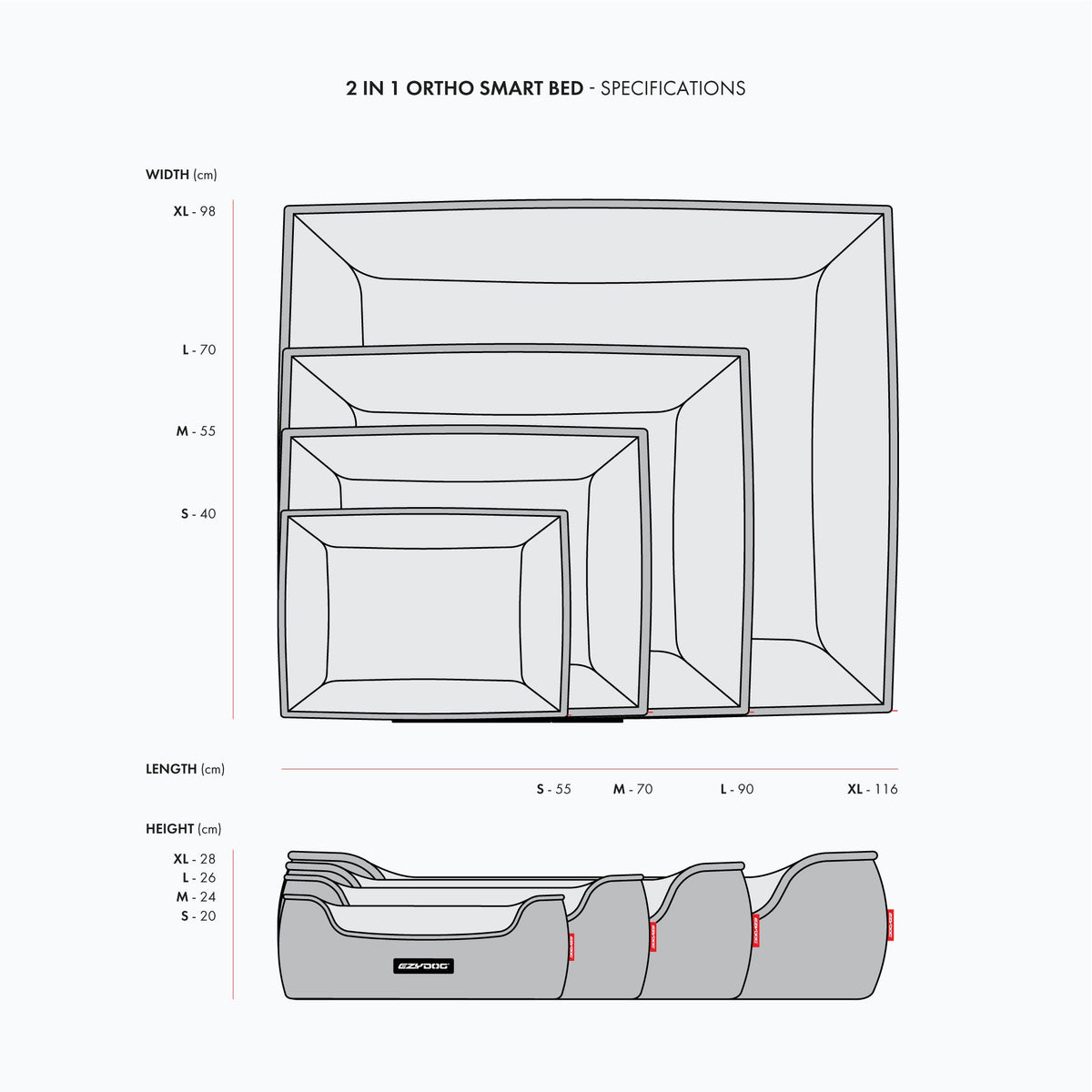 Afmetingsschema van het complete 2in1 Ortho Smart Bed.