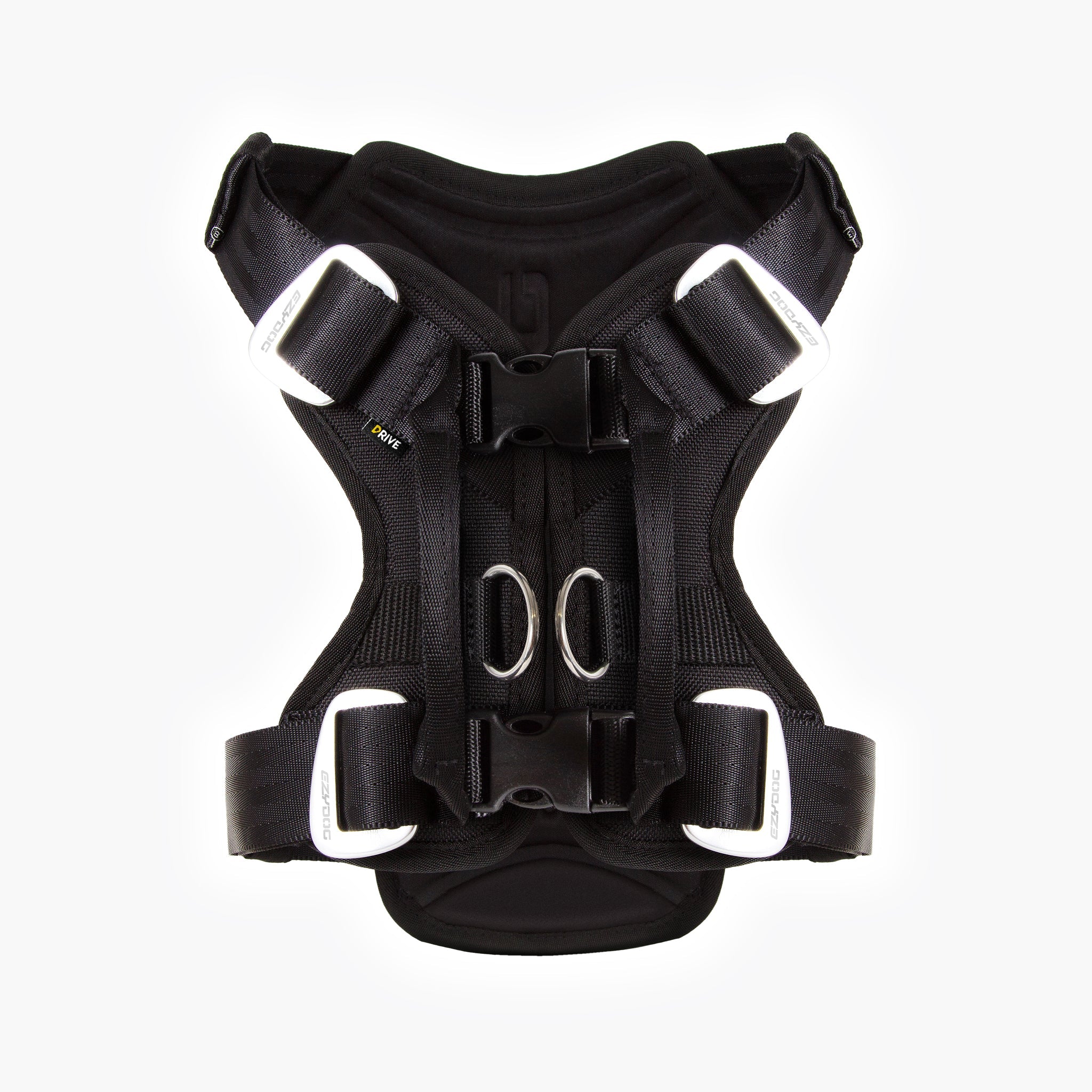 Back View of black EzyDog Drive Dog Car Harness – Adjustable Crash-Tested Design
