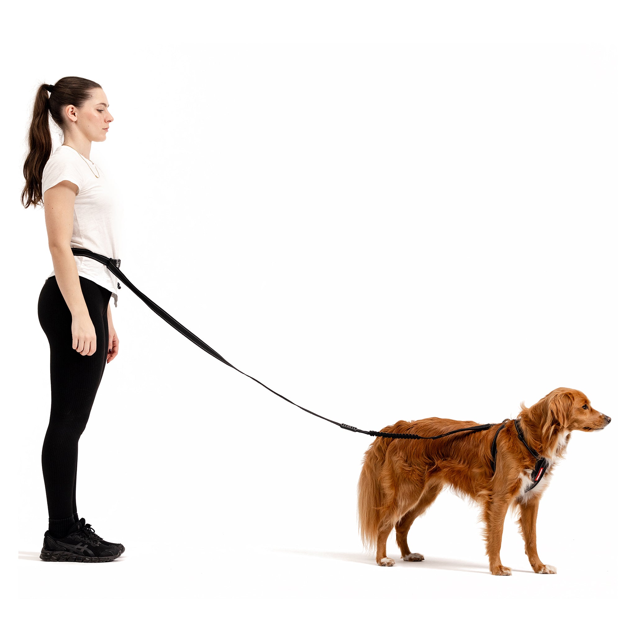 Woman using EzyDog Road Runner Leash hands-free with dog walking ahead on waist lead