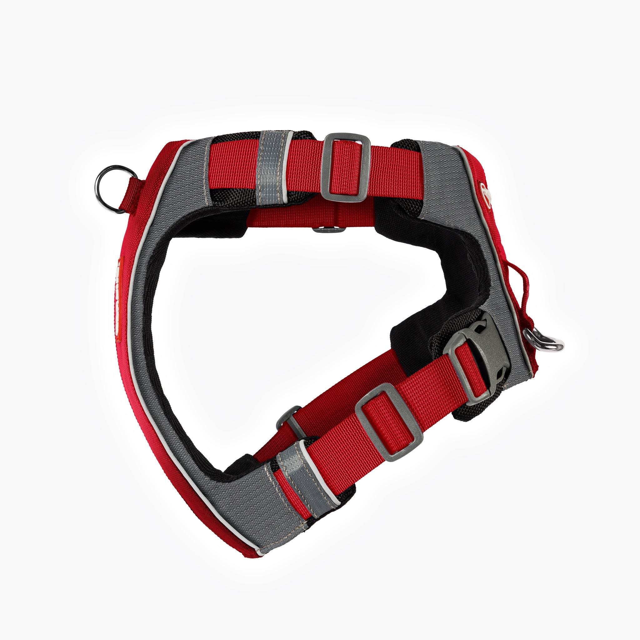 LHS view of red EzyDog X-Link Harness with padded chest plate and no-pull front clip
