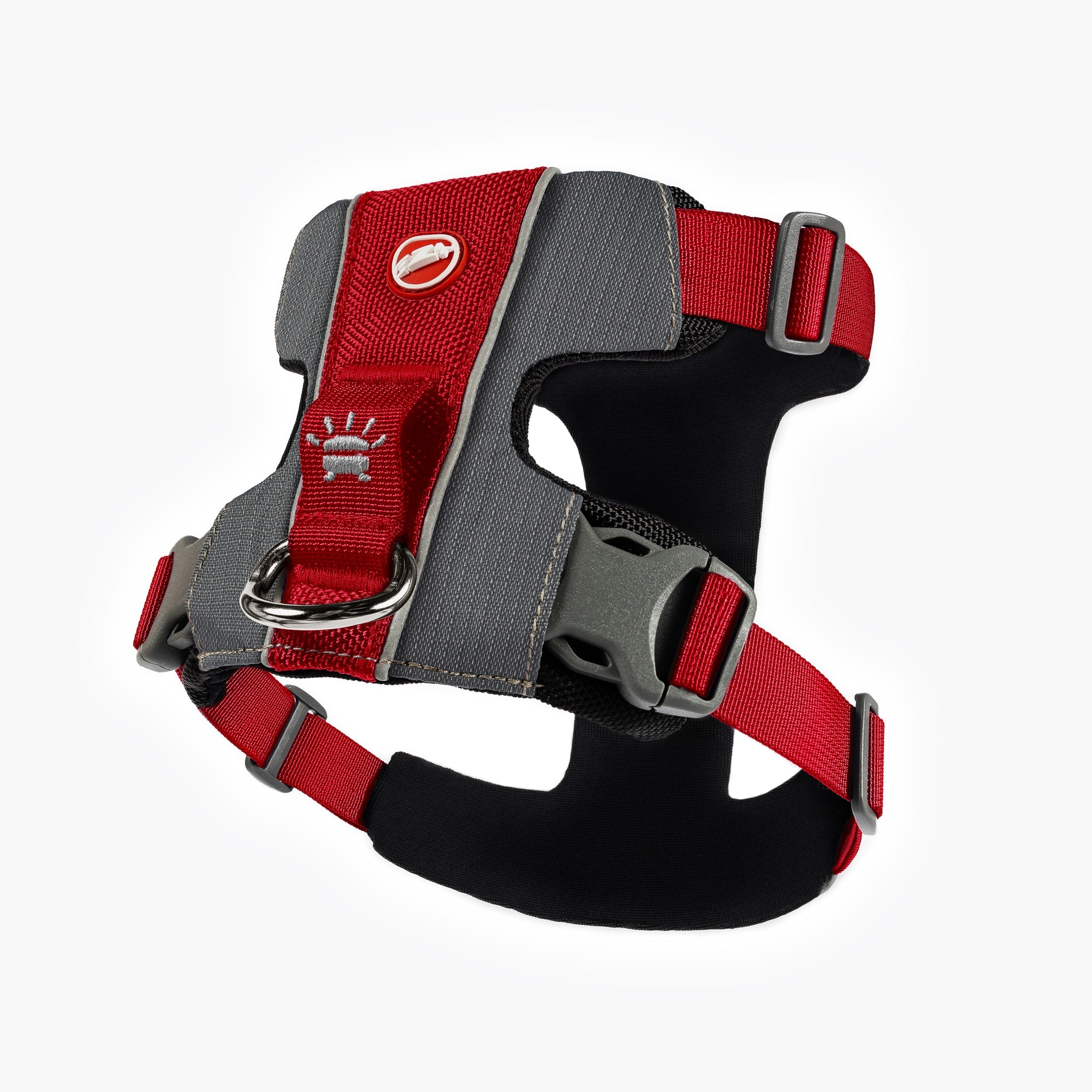 Back view of red EzyDog X-Link Harness with padded chest plate and no-pull front clip